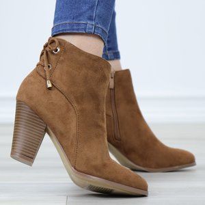 Brown Faux Suede Pointed Toe Low Heel Ankle Boots Back Laces Booties